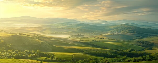 Wall Mural - Rolling hills and farmland at sunrise, 4K hyperrealistic photo