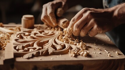 Close up of craftsman hands carving detailed patterns into a wooden surface, wood shavings scattered around, focused work in a rustic workshop environment.