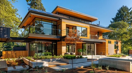 Wall Mural - Modern Two-Story Home with Large Windows and Backyard Patio