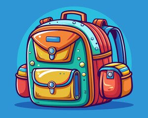 cartoon vector illustration of school backpack, blue isolated background, back to school