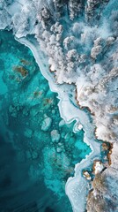 Poster - A blue ocean with a rocky shoreline and trees in the background