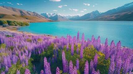 Wall Mural - A beautiful field of purple flowers with a blue lake in the background