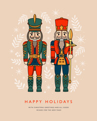 Wall Mural - Holiday card template with colorful Nutcracker soldiers in traditional costume. Design element for New Year and Christmas decoration. Vintage wooden toy from Germany.