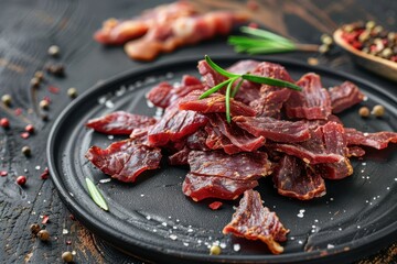 Poster - Dried meat snacks on black plate rustic background