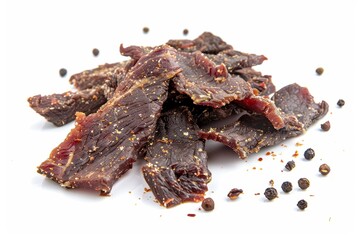 Canvas Print - Dried peppered beef jerky on white background