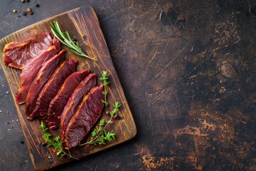 Canvas Print - Duck jerky as appetizer on rustic table with copy space