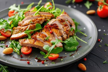 Duck salad with smoked cream cheese and garlic ciabatta on gray plate Fresh healthy gourmet appetizer Garnished with greenery and tomatoes