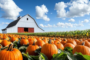 vibrant pumpkin patch with a rustic barn under a bright blue sky and fluffy clouds, perfect for autu