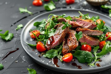 Sticker - Duck jerky with smoked cream cheese on garlic ciabatta salad served on a gray plate Fresh and healthy gourmet appetizer with greenery and tomato decorati