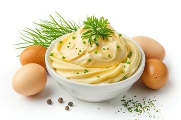 Poster - Egg and mayonnaise sauces on white background