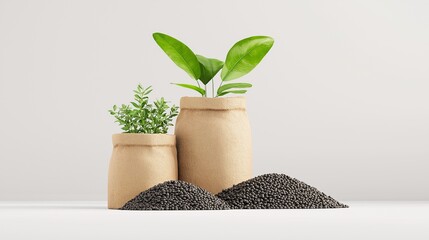 Seeds of Growth: Two paper bags filled with soil, each sprouting a vibrant green plant, symbolizing the potential for growth and renewal.  A pile of black seeds lies in front, ready to be planted.