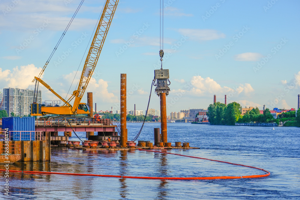 Crane building bridge. Installation pile support. Installation using ...
