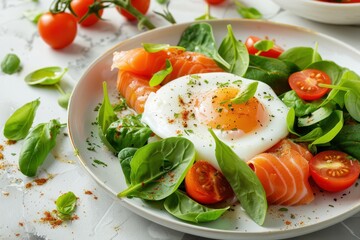 Poster - Egg with salmon tomato and spinach on a light surface