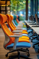 Wall Mural - Colorful Modern Office Chairs in a Row in a Contemporary Workspace with Large Windows