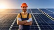 © Animaflora PicsStock - A worker smiling helmet  while managing a solar panel, renewable energy technology.