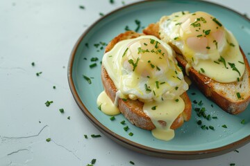 Wall Mural - Eggs Benedict on turquoise plate on white table high quality photo