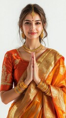 Indian pretty woman in saree in prayer pose or welcoming guests, isolated over white background, Generative AI