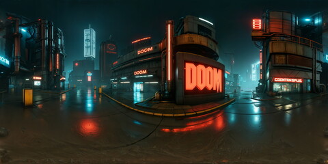 Wall Mural - Full 360 degrees seamless spherical panorama HDRI equirectangular projection of dystopian cyberpunk steampunk street. Texture environment map for lighting and reflection source rendering 3d scenes.	
