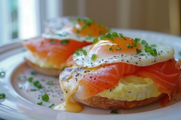 Wall Mural - Eggs Benedict with smoked salmon on muffin