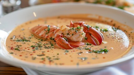 Wall Mural - Lobster soup with crayfish and parsley on white plate