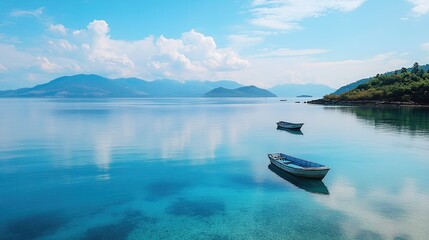 Naklejka na meble A calm blue sea with small boats floating peacefully near the shore.
