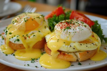 Wall Mural - English muffins topped with poached eggs and hollandaise sauce