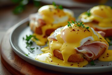 Wall Mural - English muffins with ham poached eggs and hollandaise sauce