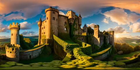 Full 360 degrees seamless spherical panorama HDRI equirectangular projection of Fantasy Majestic ancient castle ruins. Texture environment map for lighting and reflection source rendering 3d scenes.	
