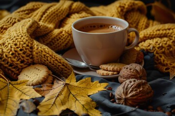 Wall Mural - Fall themed coffee cup and cookie photo with yellow leaves and chestnuts