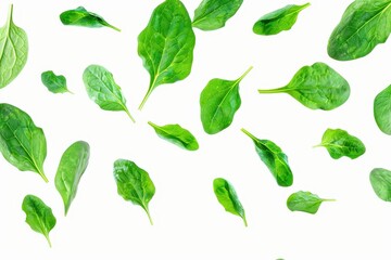 Wall Mural - Falling baby spinach leaves on white background fresh and isolated