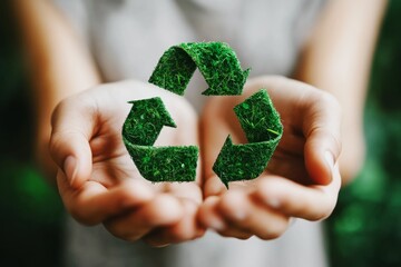 hands holding green grass textured recycling symbol representing sustainability and environmental conservation