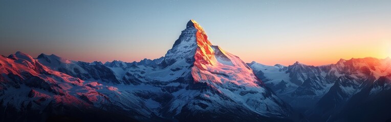 a mountain range with a snow covered peak and a sunset in the background