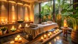 © Sirinporn - Soothing ambiance of a luxury spa salon, warm candlelight, and gentle massage therapy create a tranquil retreat for rejuvenation and relaxation, calming the senses.