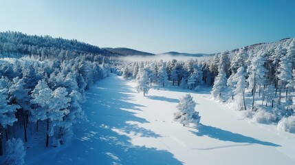 Wall Mural - A snowy landscape with trees and a river