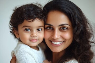 Indian pretty young mother and little boy or son embracing on white background, Generative AI