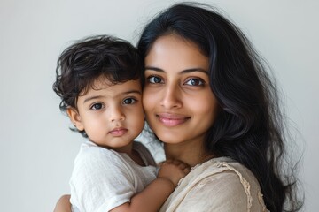 Indian pretty young mother and little boy or son embracing on white background, Generative AI