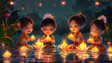 Wall Mural - Thai children into a river during the Loi Krathong festival