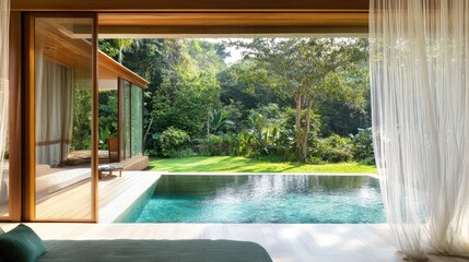 A mosquito net sliding door leading to a backyard pool area.