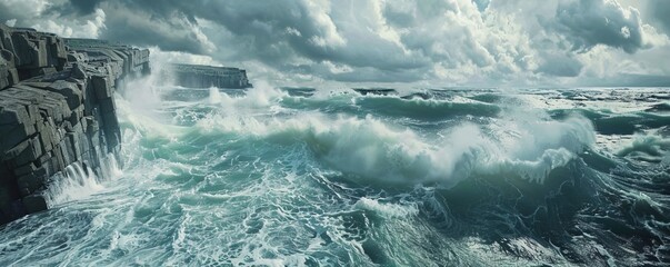 Sticker - Cliffside view of a stormy sea, 4K hyperrealistic photo