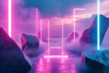 Wall Mural - Neon Glow Over Misty Landscape