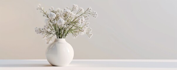 White ceramic vase with flowers on white background, 4K hyperrealistic photo