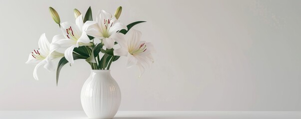 Sticker - White ceramic vase with lilies on white background, 4K hyperrealistic photo