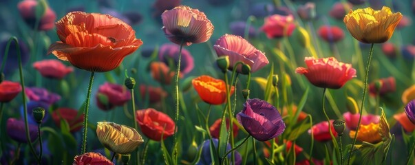 Wall Mural - Vibrant poppies in a field of green, 4K hyperrealistic photo