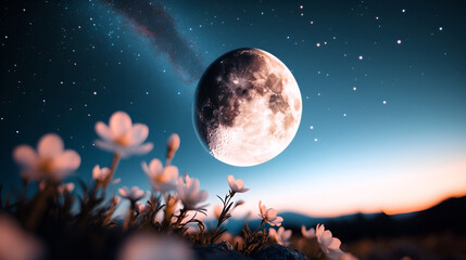 Wall Mural - Stunning Full Moon Over a Field of Delicate Flowers