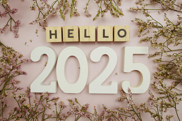 Sticker - Hello 2025 Happy New Year with flower decoration on pink background