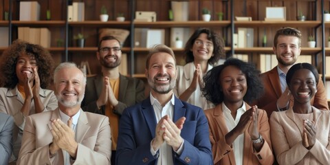 Diversity, business people and applause presentation, employee support and happiness in office. Interracial teamwork, clapping hands and audience smile for workshop achievement or goals, Generative AI