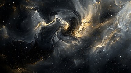 Black background, with swirling gold and silver nebula clouds