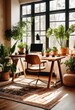 © Yaraslava - bright cozy home workspace featuring abundant natural inviting functional design elements productivity, light, decor, furniture, desk, chair, plants, windows