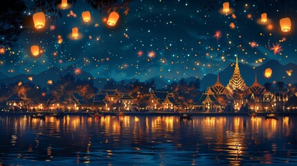 Wall Mural - crowded riverside scene with people, lanterns, and krathongs illuminating the water during Loi Krathong