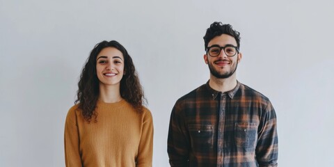 Two people in front of a white background with a white space in between, Generative AI